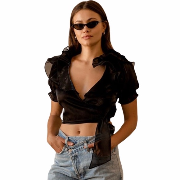 Lulus Tops - Master of Style Black Puff Sleeve Cropped Wrap Top